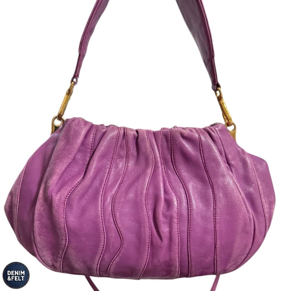 Prada‎ Purple Leather Pleated Shoulder Bag Gold Hardware Slouchy Hobo Purse Luxe - Picture 4 of 16